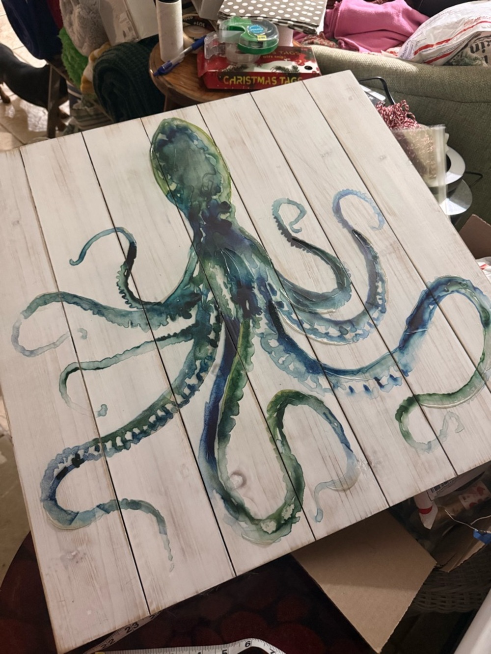 Hand-Painted Octopus Wood Wall Art - Blue Green